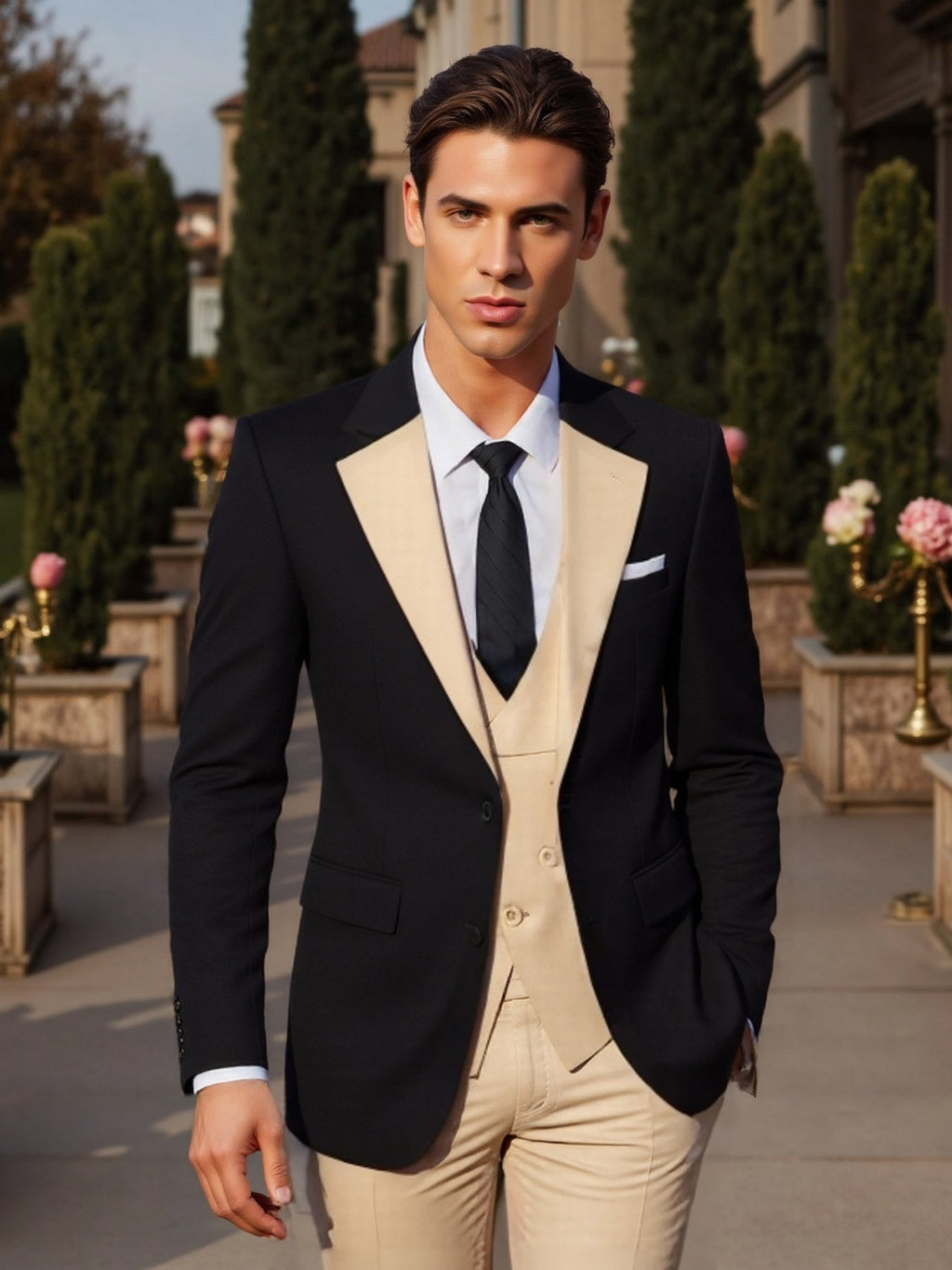 SHOWLU Men's 3-piece slim fit wedding tuxedo with jacket, vest, and pants, stylish formal attire for special occasions