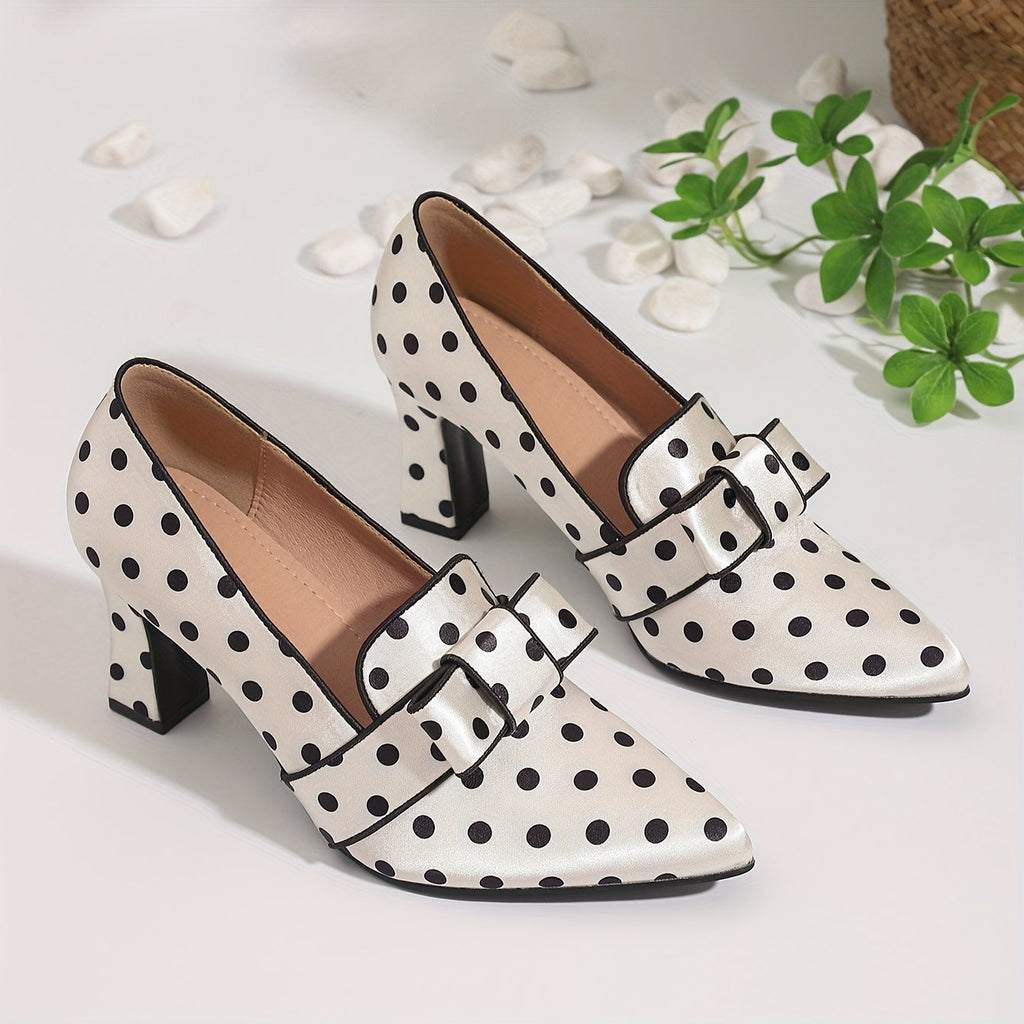 SHOWLU FASHION polka dot bowknot pumps with pointed toe and block high heels, featuring a stylish design and bow detail