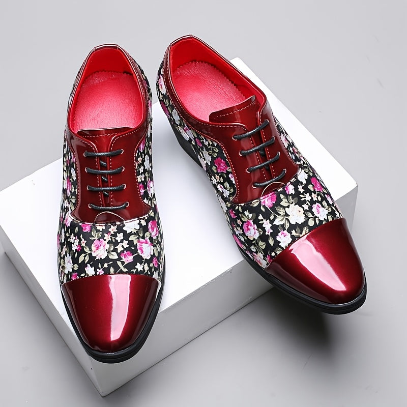SHOWLU Men's floral lace-up loafers with pointed toe dress shoes, featuring intricate floral patterns and sleek design.