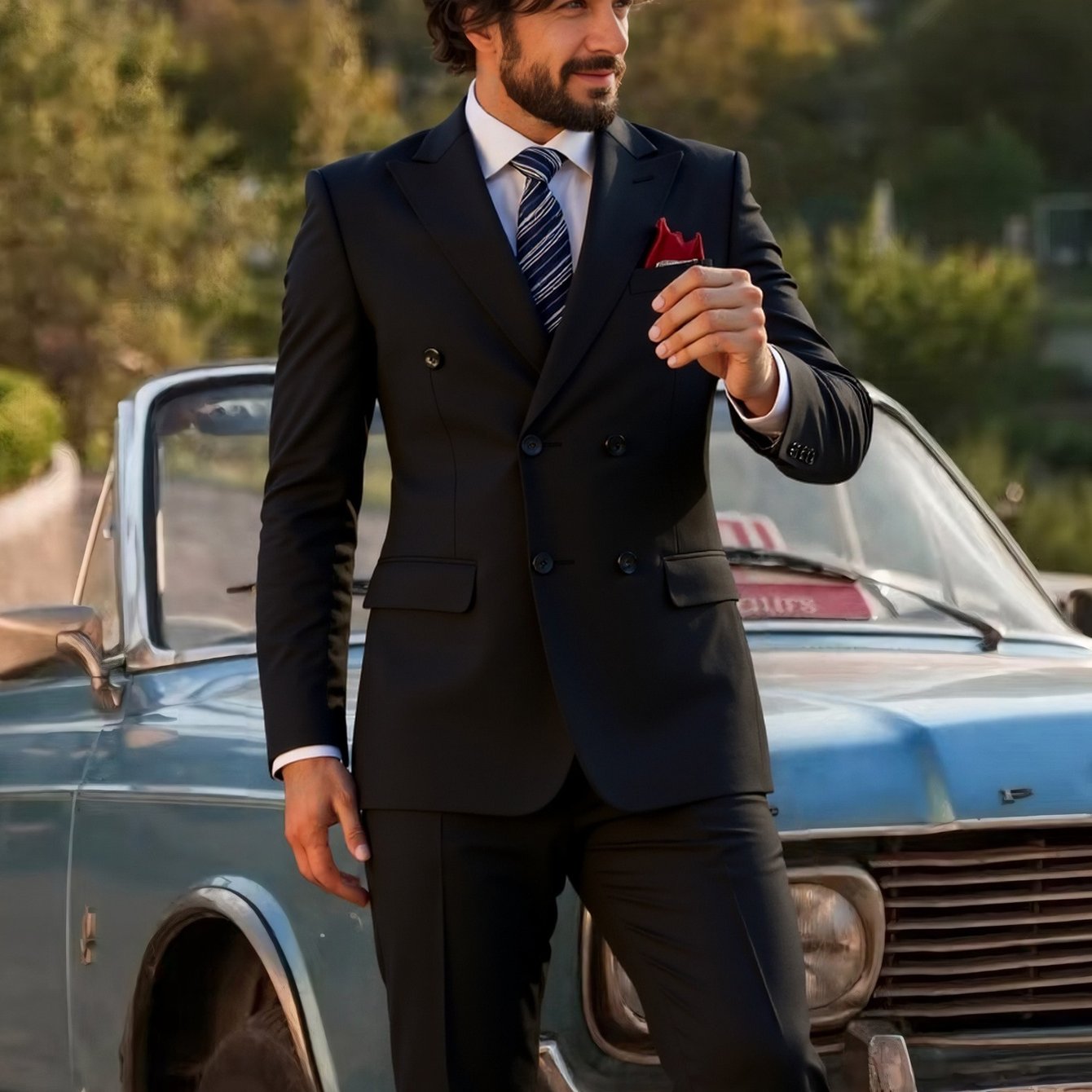 SHOWLU Men's double-breasted slim fit tuxedo suit with peak lapel, tailored for formal occasions, in classic black fabric.