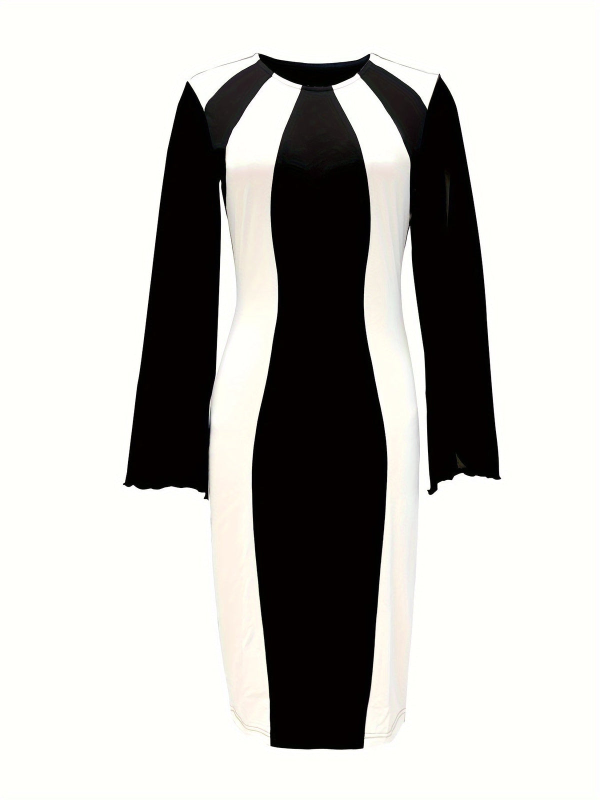 SHOWLU Color Block Bodycon Dress in black and white with split cuff knit, stylish fitted dress for women.