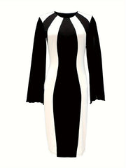 Elegant Black & White Color Block Bodycon Dress with Split Cuffs - Stretchy Polyester & Spandex Blend, Machine Washable - Perfect for All Seasons
