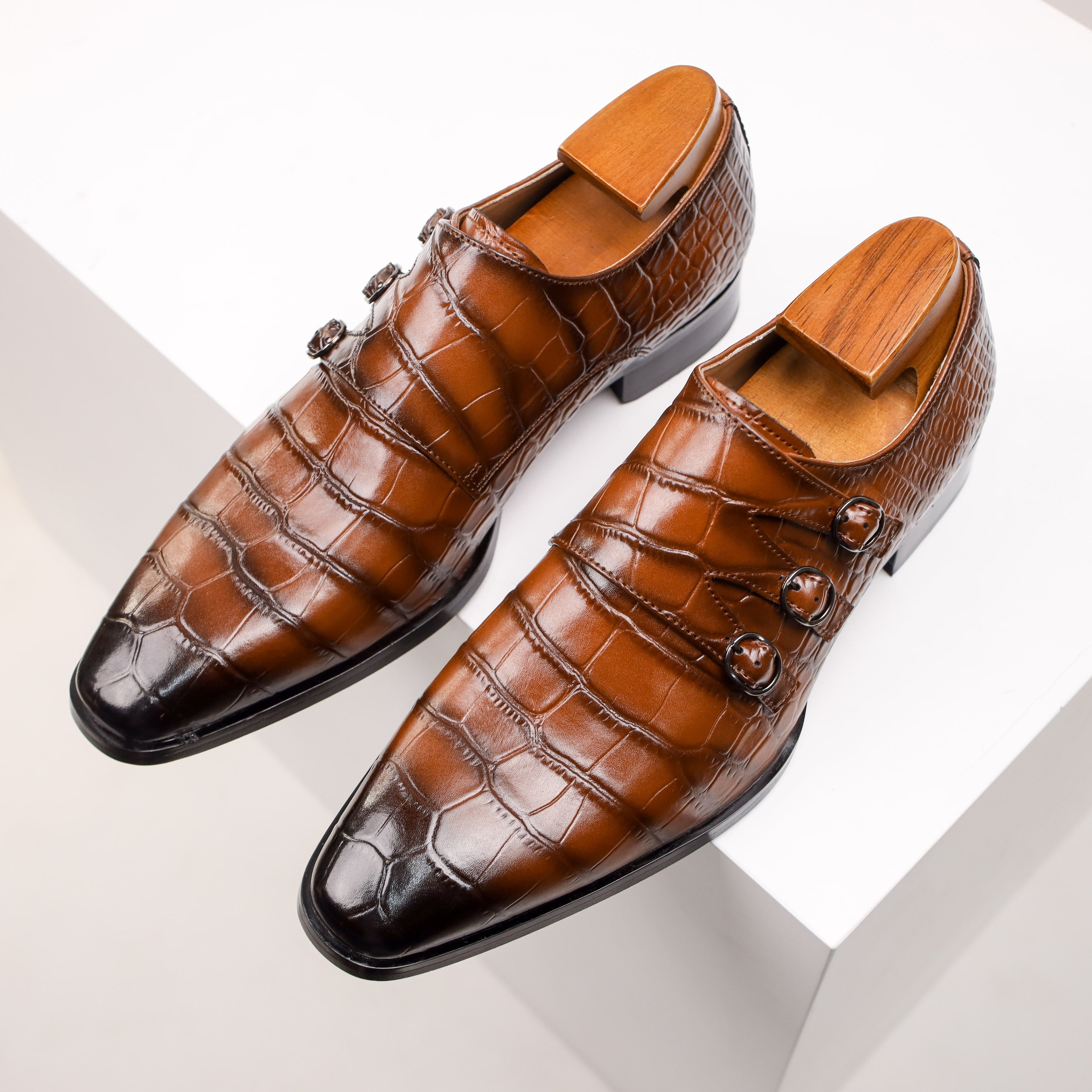 SHOWLU Men's Monk Strap Oxfords in split cow leather with square toe, stylish men's dress shoes for formal occasions.