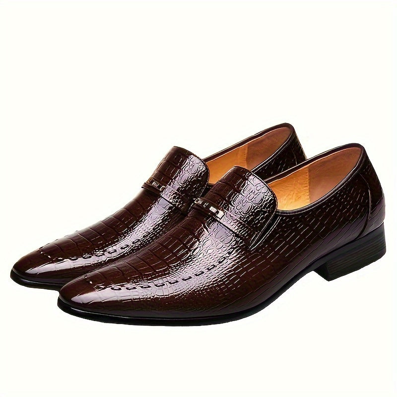 Black crocodile-embossed leather Oxford loafers for men, slip-on style, from SHOWLU FASHION STORE, featuring sleek design and polished finish.