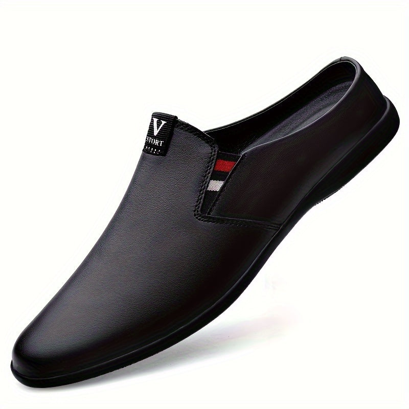 SHOWLU Men's split leather mules, breathable slip-on summer shoes with open back and stylish design.