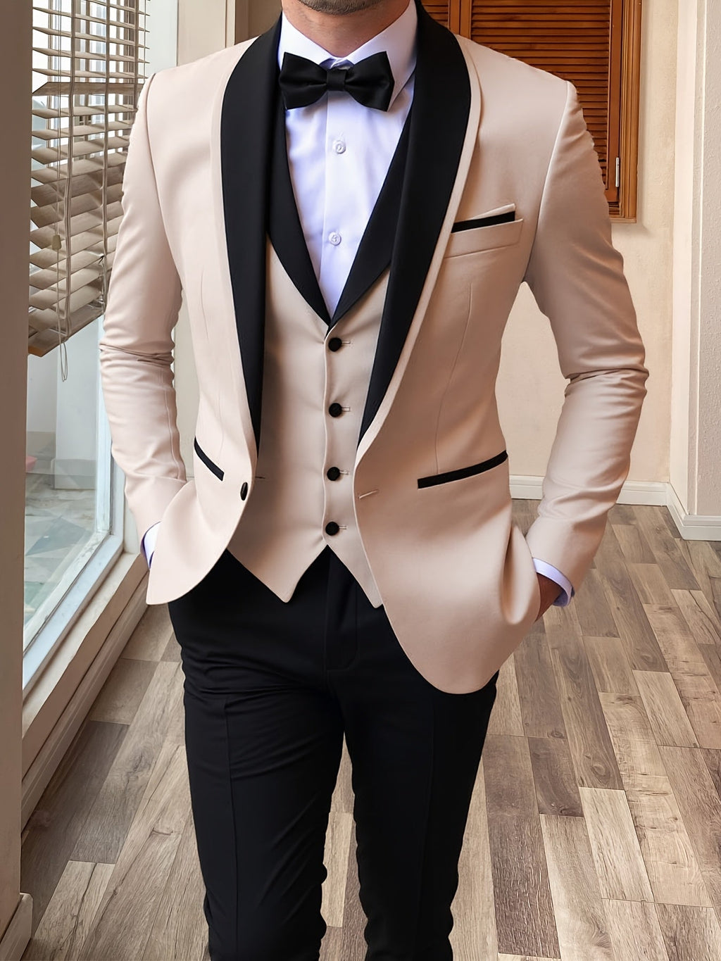 SHOWLU FASHION men's 3-piece slim fit suit with shawl lapel, ideal for formal weddings, featuring jacket, vest, and trousers.