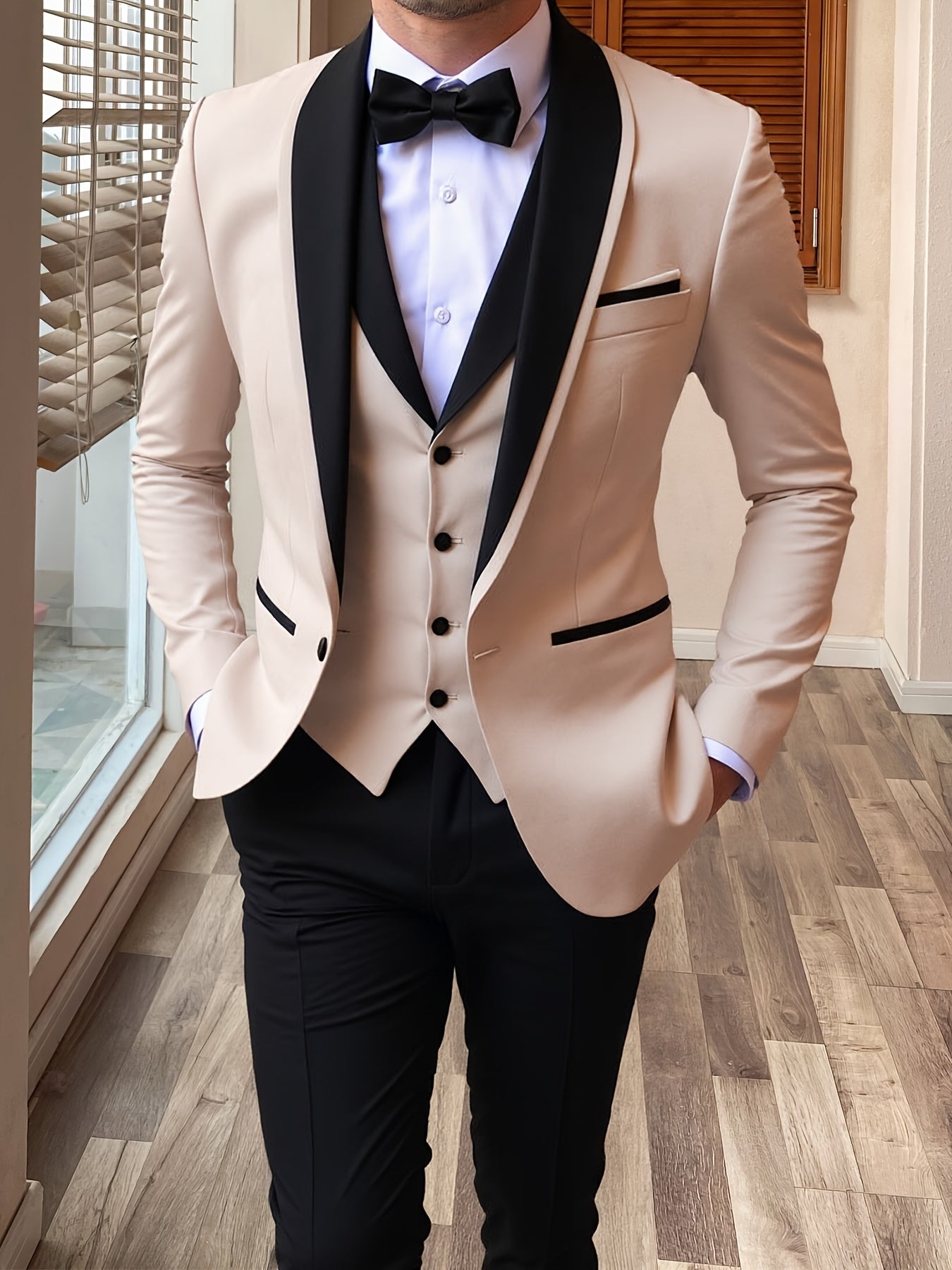 SHOWLU FASHION men's 3-piece slim fit suit with shawl lapel, ideal for formal weddings, featuring jacket, vest, and trousers.