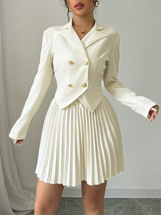 Women's elegant solid color notched lapel, double breasted suit jacket, pleated mini skirt, 2025 new version elegant suit