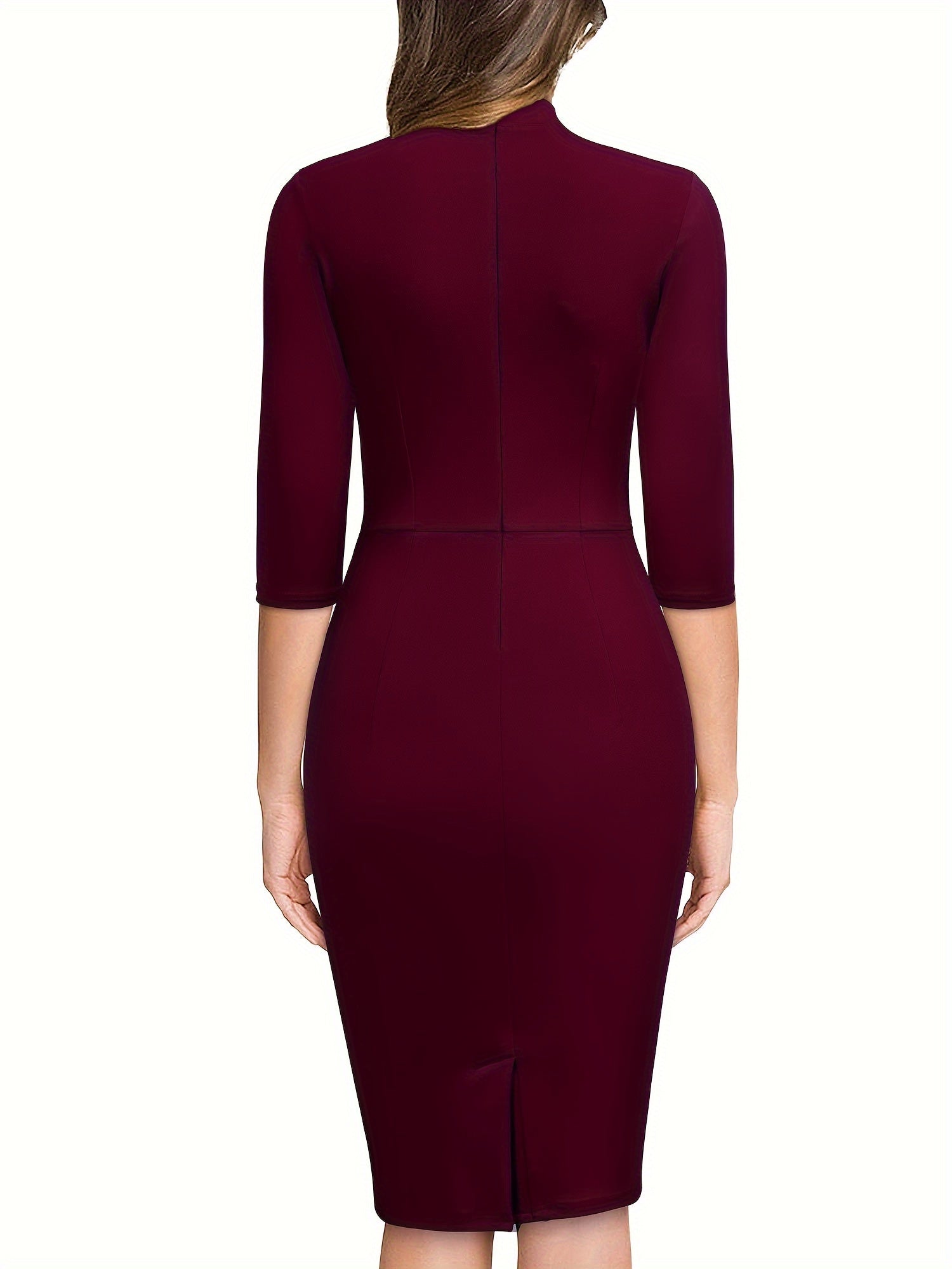 SHOWLU FASHION women's three-quarter sleeve tie-neck sheath dress displayed on a mannequin, featuring a fitted silhouette and elegant design.