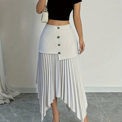 [Elegant Skirt] Semi-Sheer Lightweight Asymmetrical Front Button Hem Skirt - White & Black Contrast | Elegant, Machine Washable Spring/Summer Casual & Formal Wear