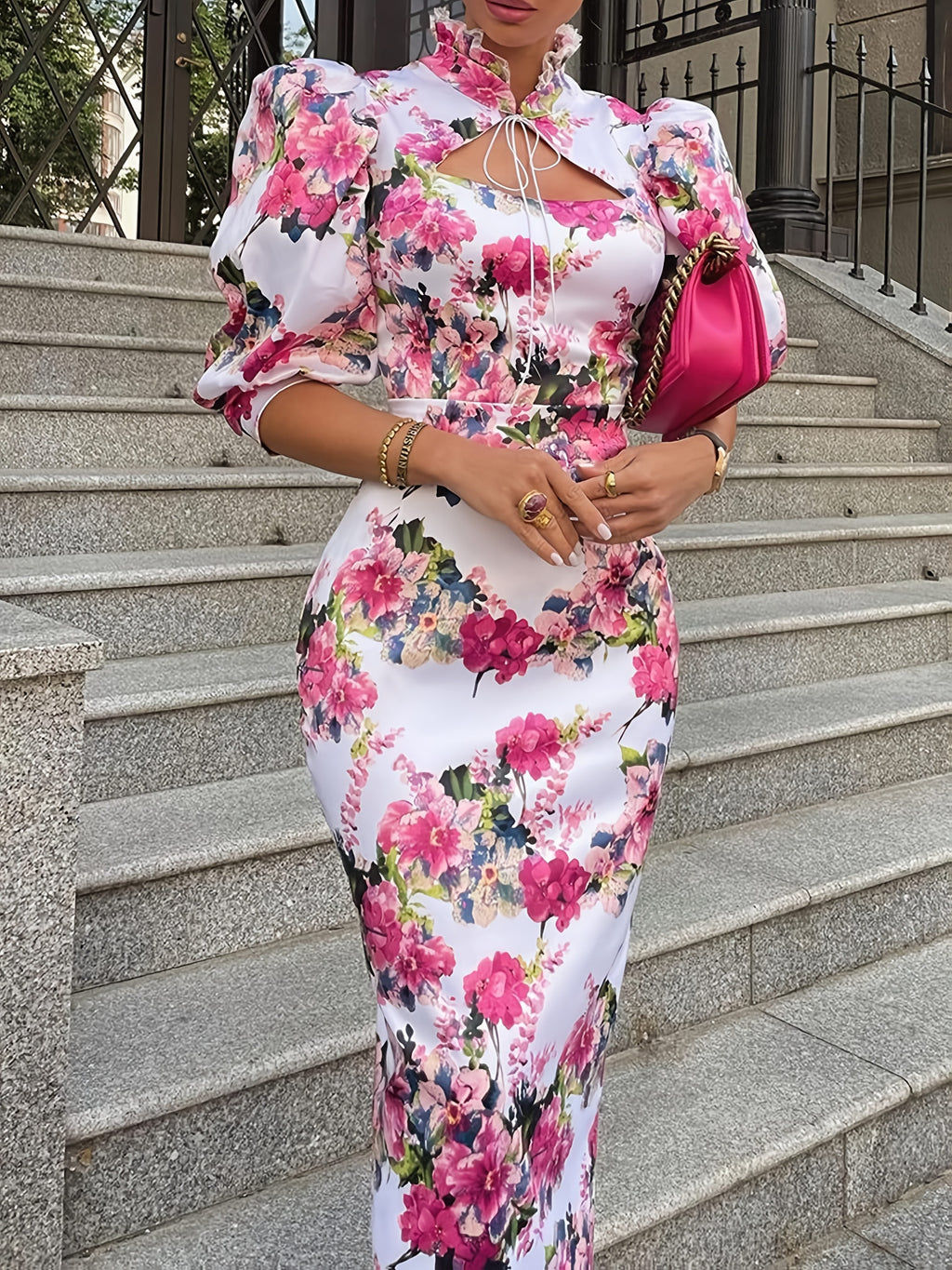 SHOWLU FASHION women's floral print sheath dress with stand collar, featuring a fitted silhouette and vibrant floral pattern.