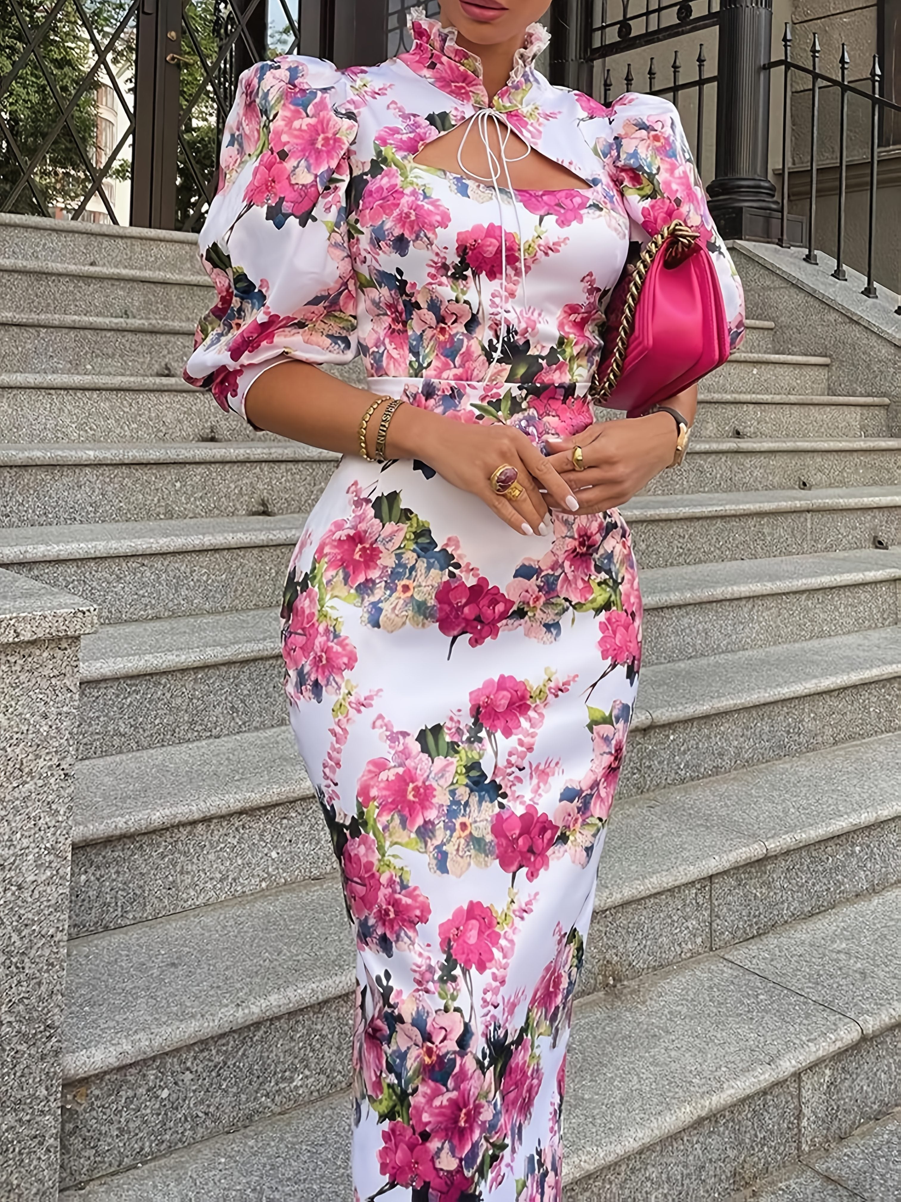 SHOWLU FASHION women's floral print sheath dress with stand collar, featuring a fitted silhouette and vibrant floral pattern.