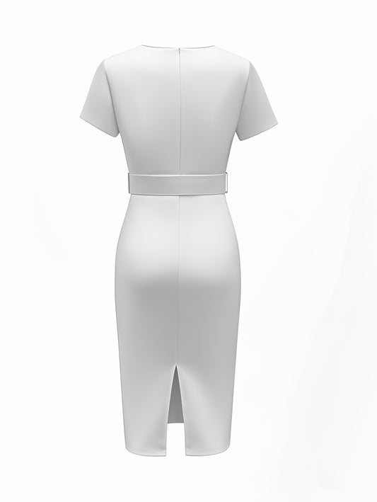 Women's Elegant V-Neck Belted Bodycon Pencil Skirt - Mid-Stretch Machine-Washable Solid Color Skirt for Spring/Fall, Office to Party Wear, Formal Event Attire, Sophisticated Design