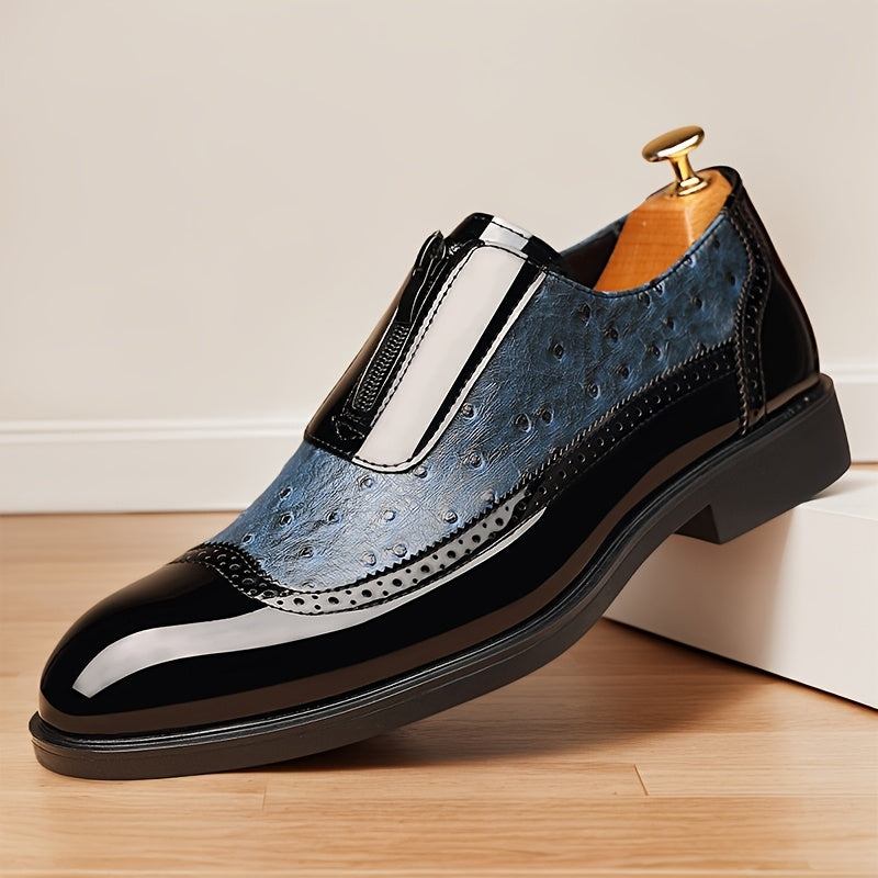 SHOWLU Men's leather Oxford shoes with zipper closure, business casual dress shoes, sleek black leather footwear for men