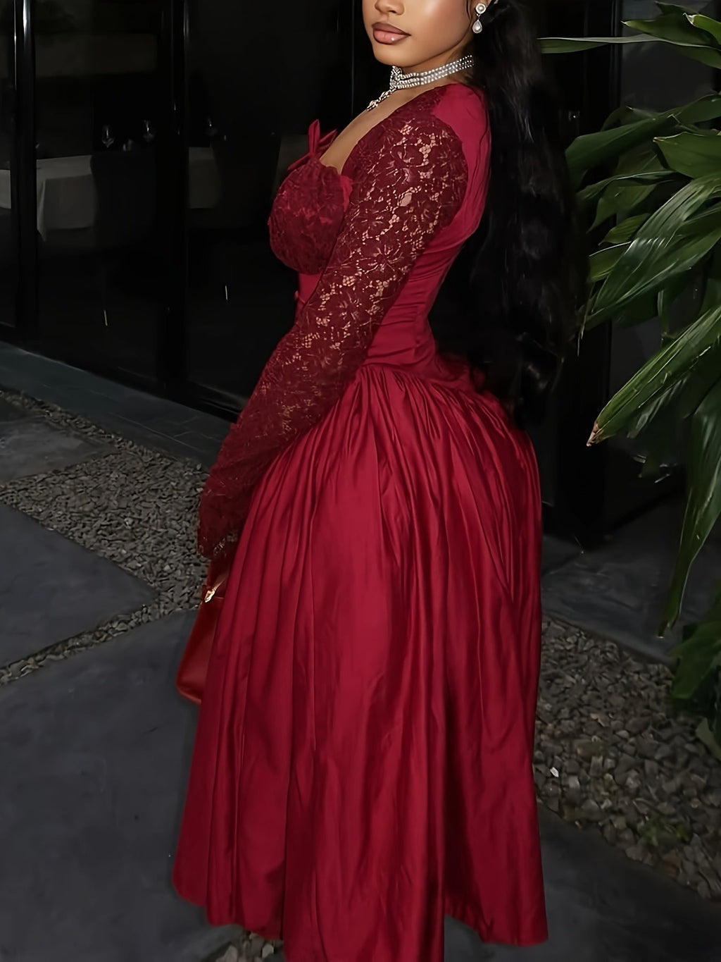 Women's square neck lace stitching long sleeve party dress by Showlu Fashion, featuring elegant design and fitted silhouette.