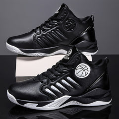 Men's High-Top Basketball Shoes - Stylish & Sporty, Breathable Synthetic Faux Leather with Non-Slip Rubber Sole, Comfortable for Daily Wear & Athletic Activities, Black & Red with Basketball Emblem, Basketball Accessories