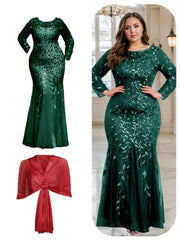 Elegant Plus Size Sequin Embroidered Mermaid Hem Dress with Matching Shawl - Long Sleeve, Crew Neck, Floral Pattern, Beige/Golden & Red Options, Perfect for Weddings, Proms, and Formal Events, Elegant Event Clothing | Glamoro SHOWLU FASHION STORE
