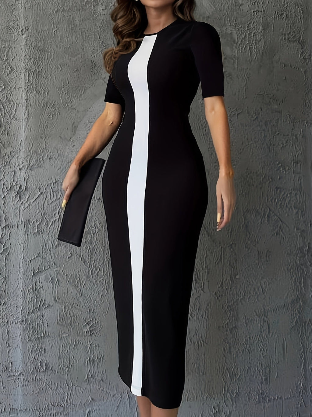 SHOWLU Two-Tone A-Line Bodycon Dress with rayon fabric, short sleeves, and side slit, showcasing a stylish, fitted silhouette.