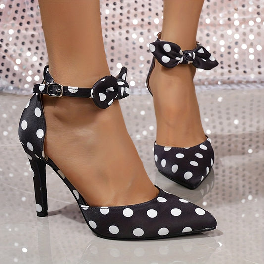 Women's Elegant Polka Dot Stiletto Heel Sandals with Ankle Strap & Bow Detail - Breathable Fabric Upper, Pointed Toe, Comfortable Block Heel for Summer, Office, Parties, Weddings, High Heel Sandals, Party Footwear, Manmade Co