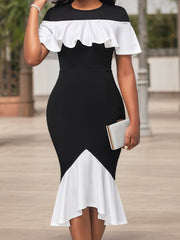 [Elegant Bodycon Dress] Stretchy Elegant Women's Bodycon Fishtail Dress | Contrast Trim Ruched Waist, Round Neck, Solid Color, Machine Washable, Tight Fitted, Versatile Outfit, Chic Style, Sleek Material