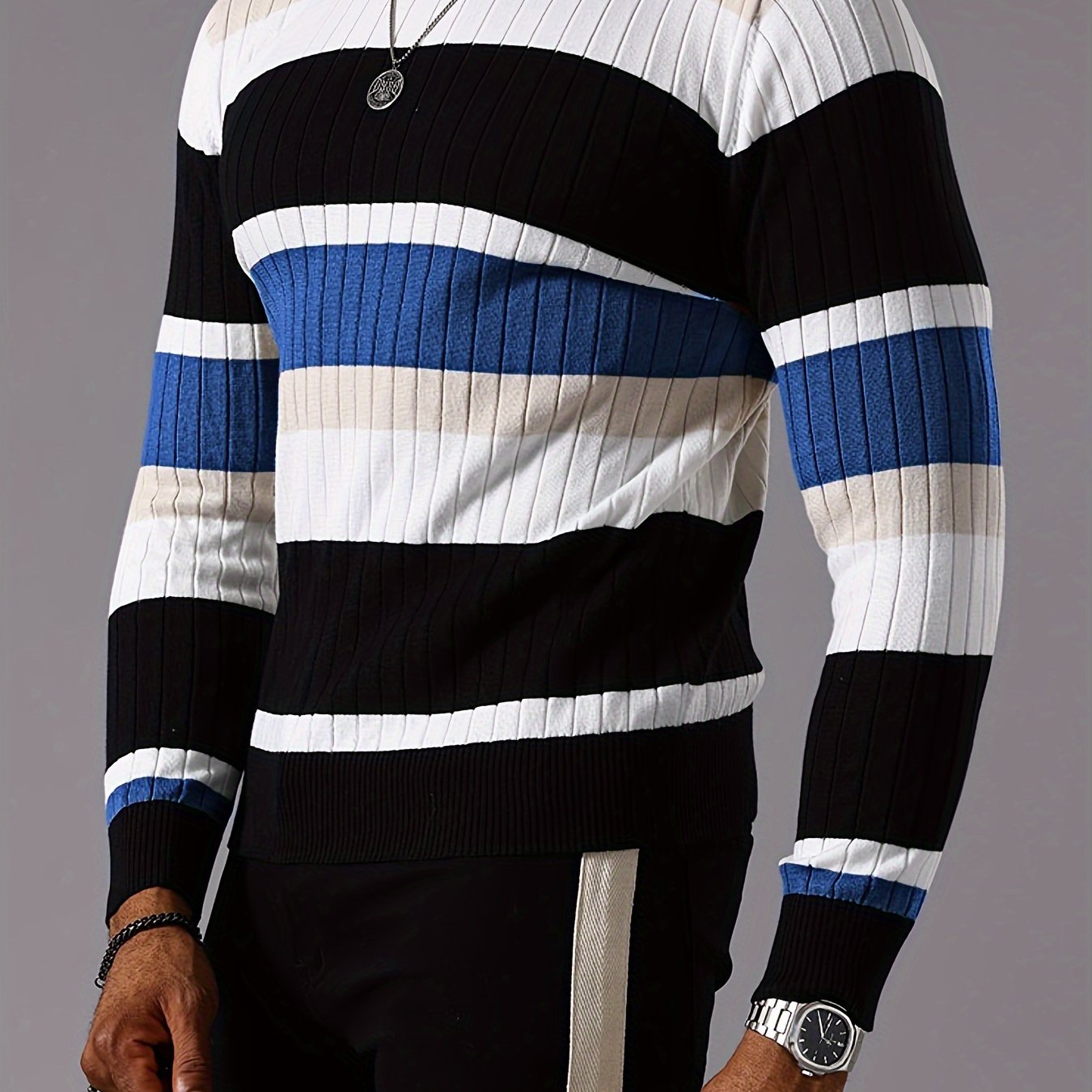 SHOWLU men's striped ribbed knit sweater with long sleeves and crew neck, stylish pullover for casual wear.
