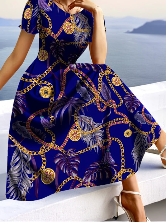 Women's Tropical Chain Print A-Line Dress - Vibrant Blue & Golden Palm Leaf Design, Round Neck Short Sleeve, Flared Hem, Medium Stretch, Hand Wash Only for Resort Wear & Casual Outings, Tropical Dress