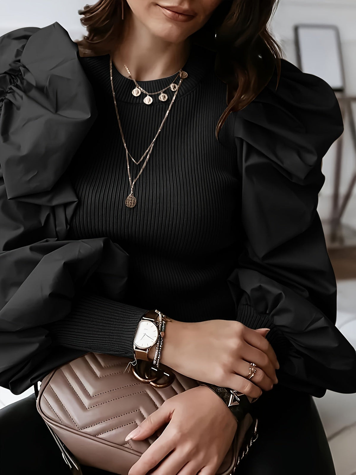 Black ribbed blouse for women with puff sleeves and crew neck, elegant top by SHOWLU FASHION STORE