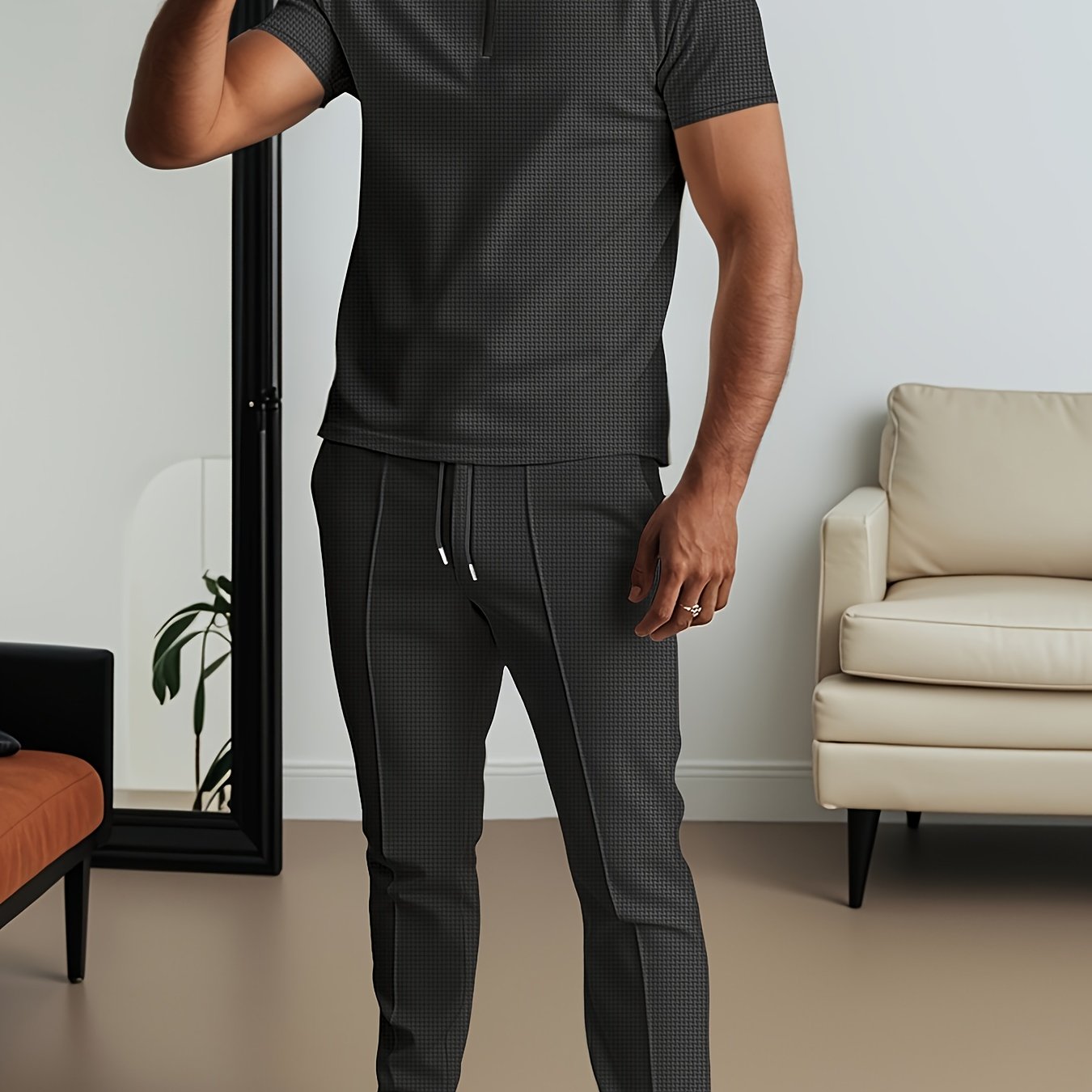 SHOWLU men's waffle texture short sleeve shirt and matching pants 2-piece set, casual and comfortable fashion ensemble.