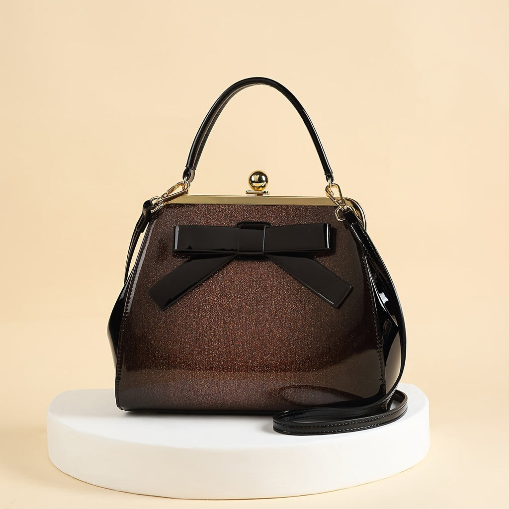 SHOWLU Polka dot patent leather handbag with bow, kiss lock closure, featuring a stylish vintage-inspired design.