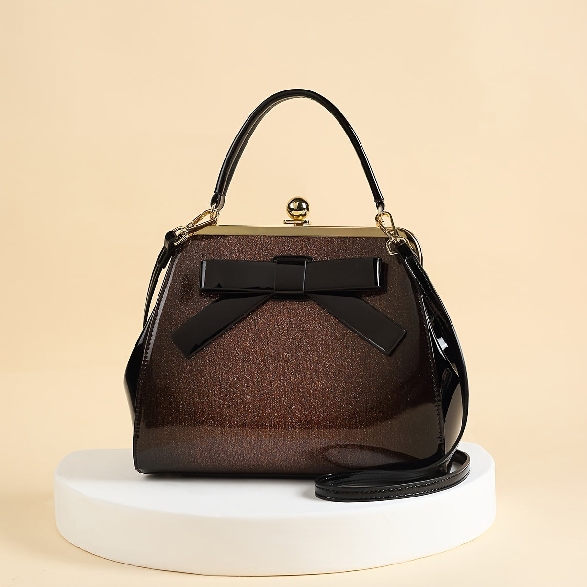 SHOWLU Polka dot patent leather handbag with bow, kiss lock closure, featuring a stylish vintage-inspired design.