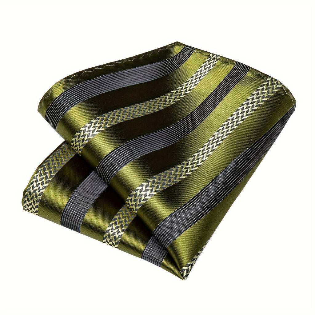 Men's green striped silk tie set with cufflinks and handkerchief, featuring a stylish design from SHOWLU FASHION STORE.