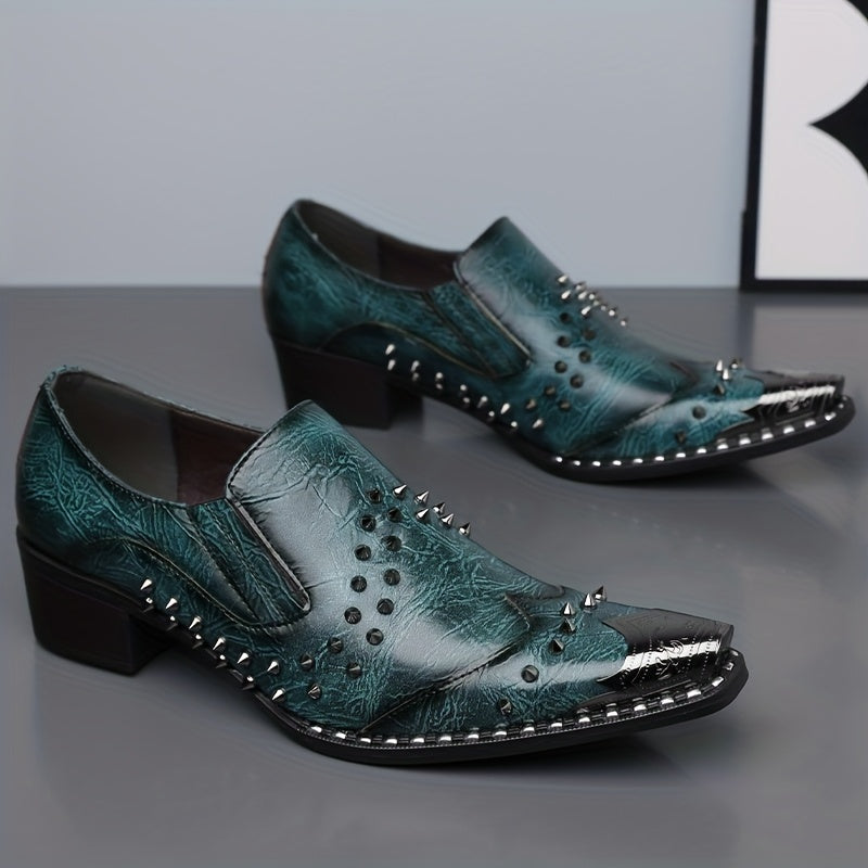 Men's pointed toe slip-on business casual shoes by Showlu Fashion with punk style design and PU leather material.