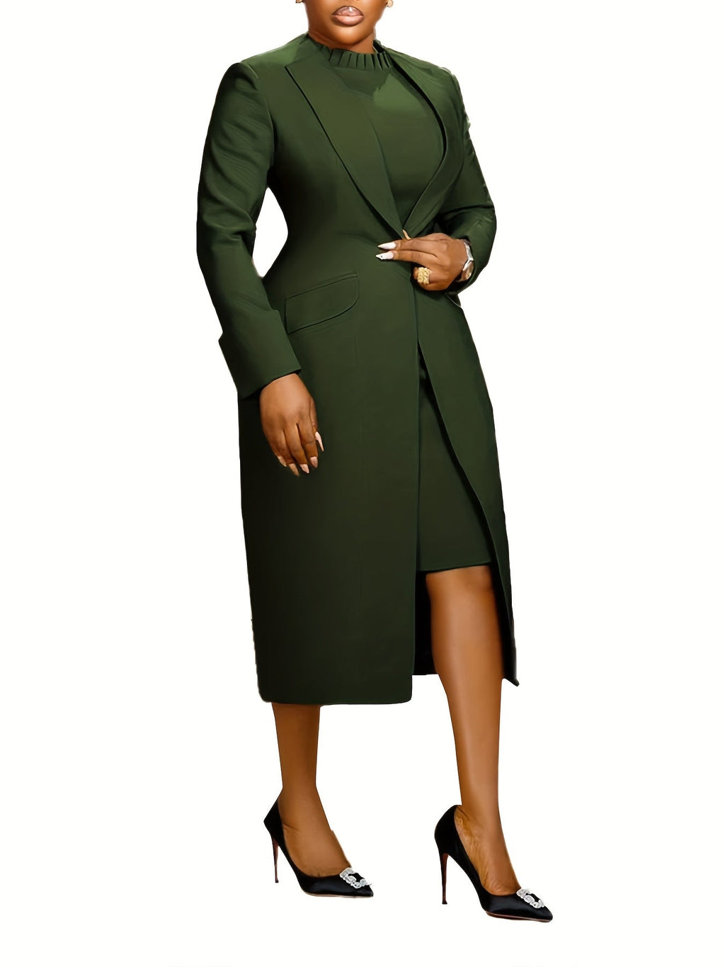 SHOWLU FASHION STORE women's 2-piece suit set with long blazer and lace waist dress, stylish and elegant for formal wear.