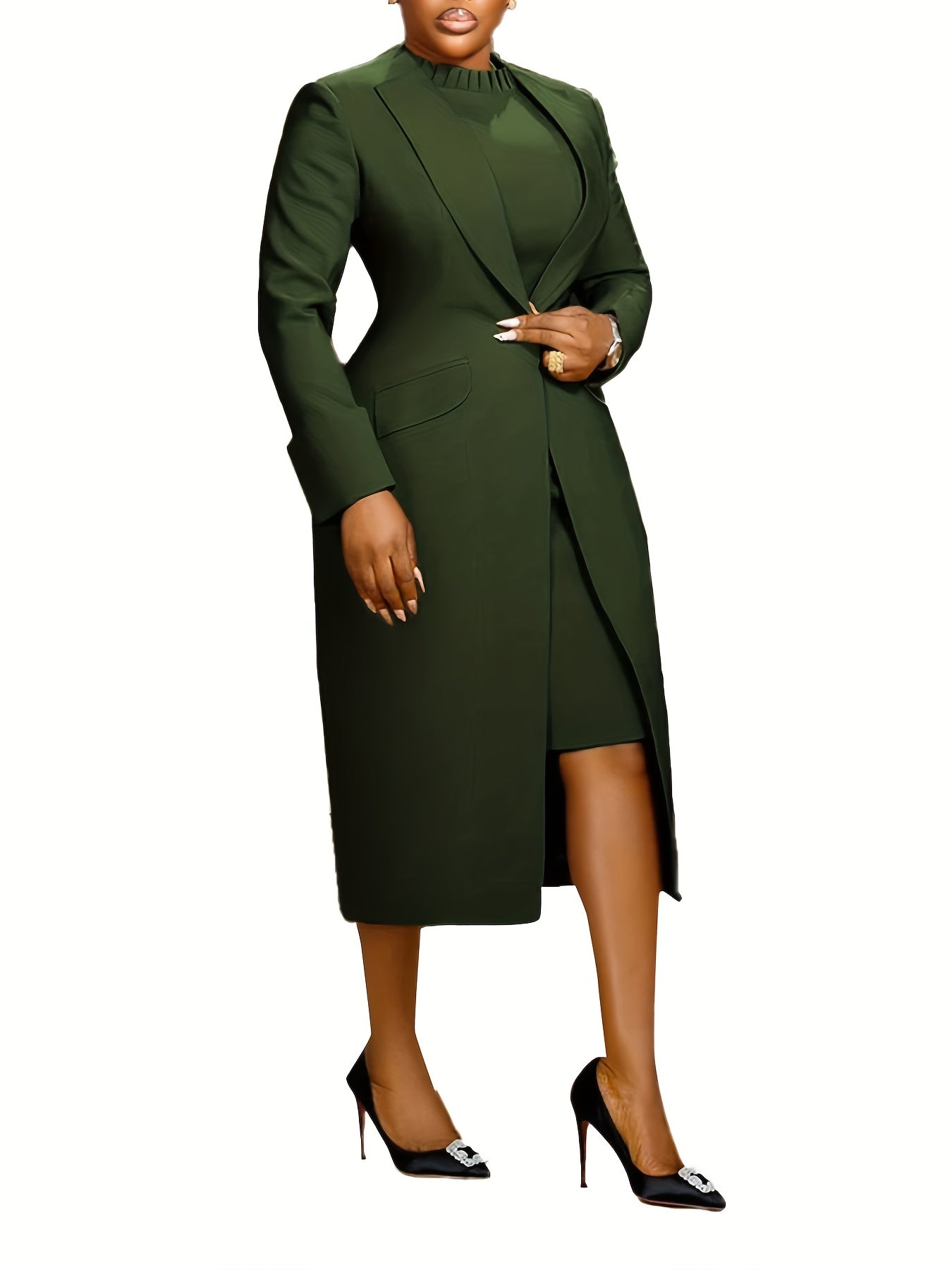 SHOWLU FASHION STORE women's 2-piece suit set with long blazer and lace waist dress, stylish and elegant for formal wear.