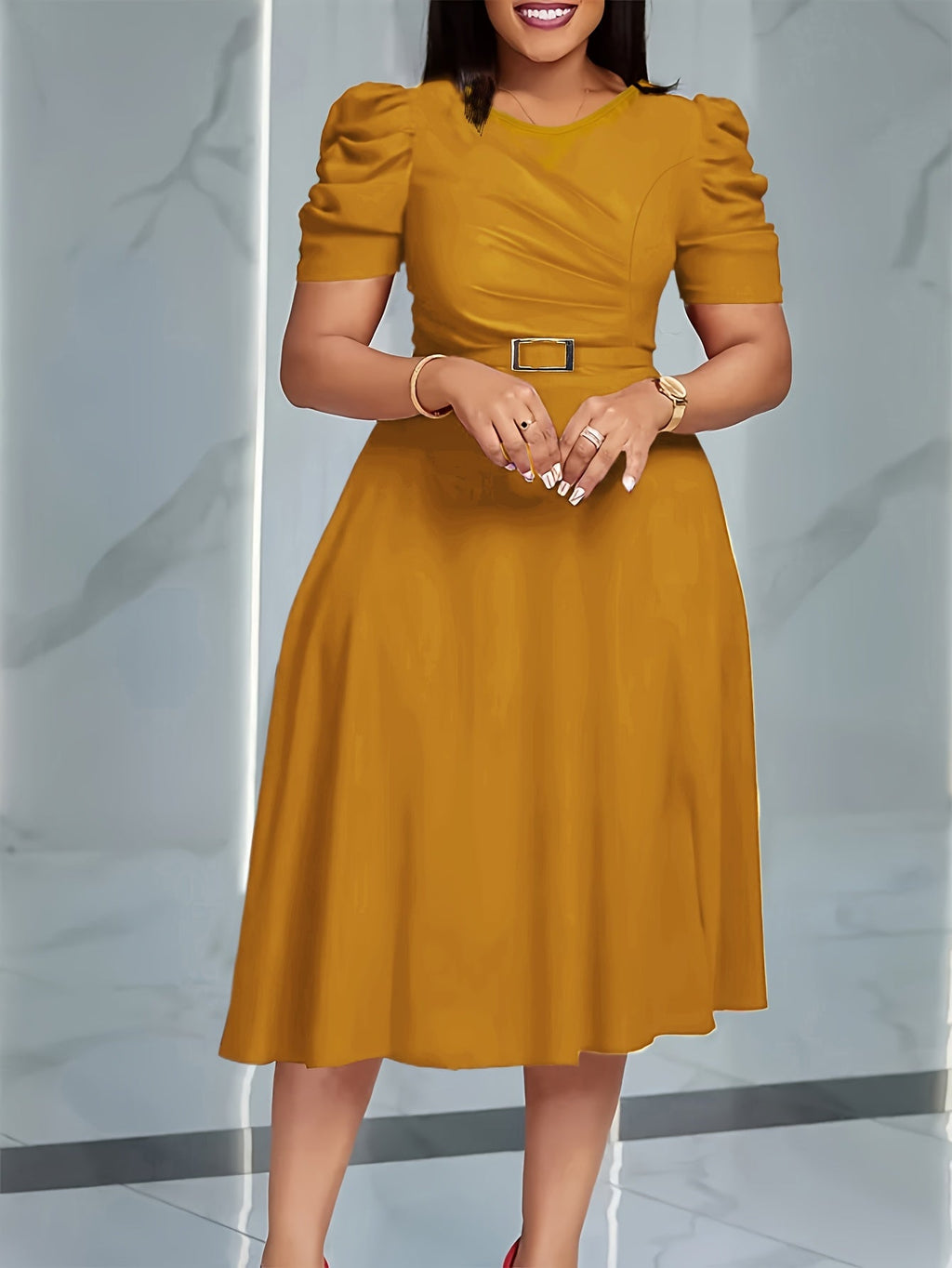 Red SHOWLU Women's V-Neck Ruffle Hem A-Line polyester dress with a flowing silhouette and elegant ruffle details.
