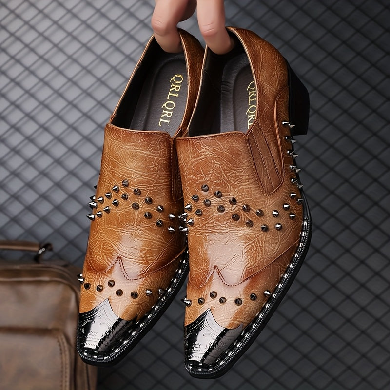 Men's pointed toe slip-on business casual shoes by Showlu Fashion, punk style PU material, sleek and stylish for professional attire
