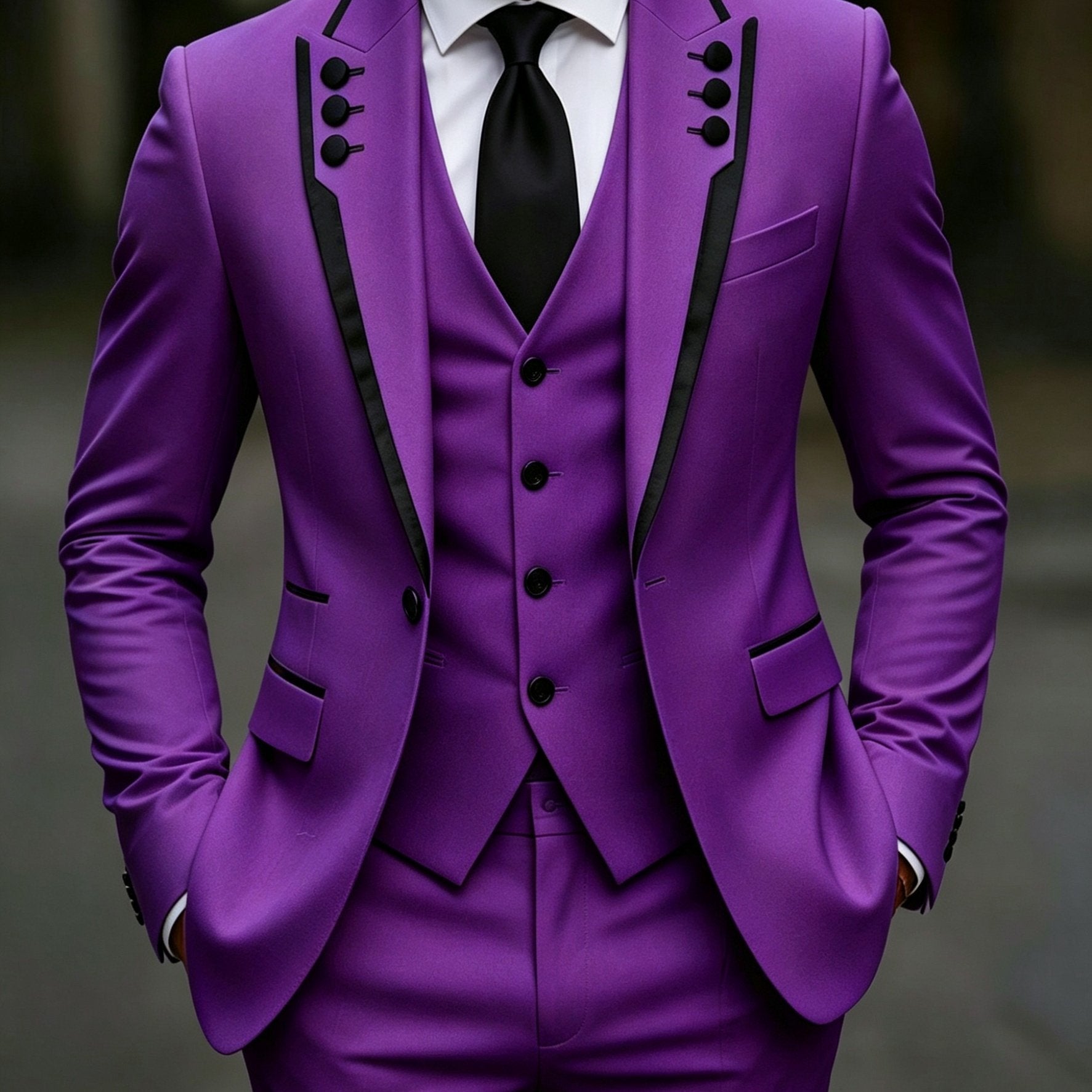 Men's black lapel fringed 3-piece suit set by Showlu Smart General, formal party, wedding, or festival dress style for special occasions.