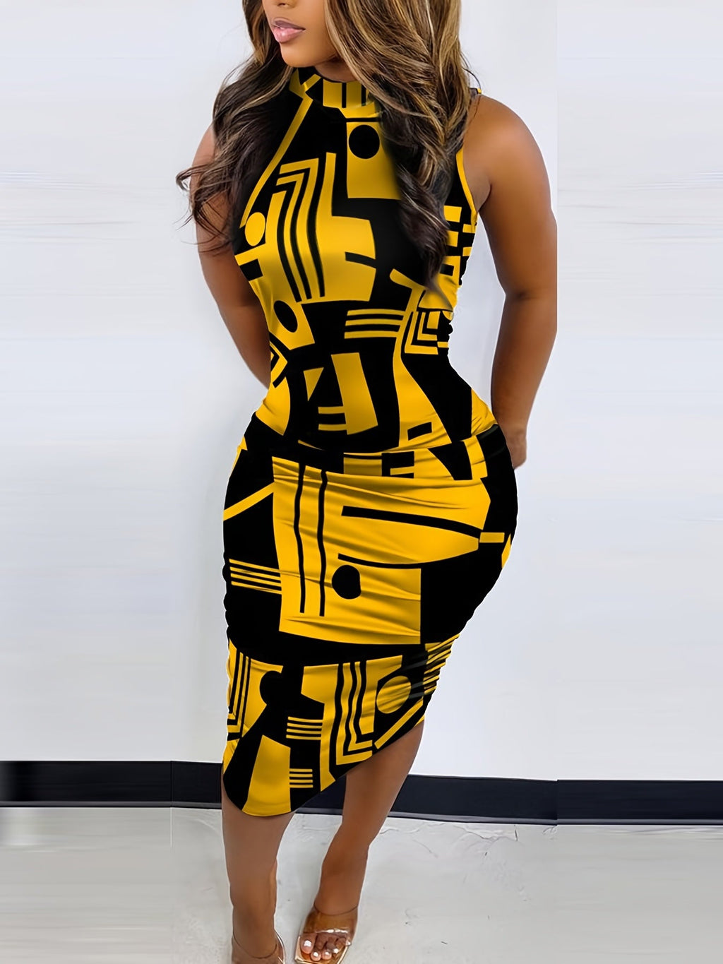 Olive green SHOWLU FASHION women's geometric bodycon midi dress displayed on a hanger, showcasing its fitted silhouette and stylish design.