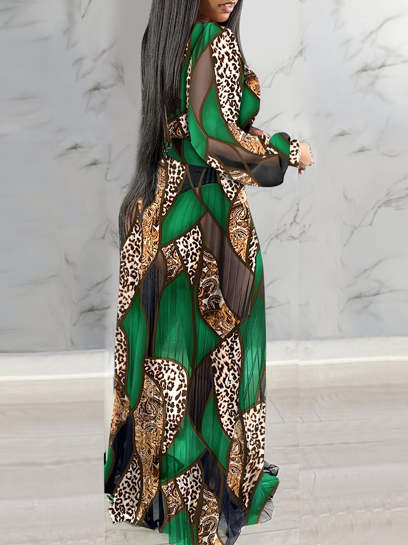 Leopard Print Lantern Sleeve Sheer V-Neck Sheer Mesh Maxi Dress Elegant Evening Dress SHOWLU FASHION STORE