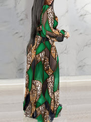 Leopard Print Lantern Sleeve Sheer V-Neck Sheer Mesh Maxi Dress Elegant Evening Dress SHOWLU FASHION STORE