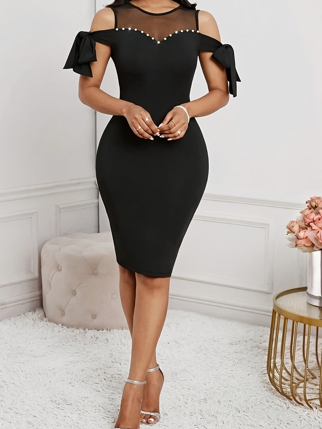 Black SHOWLU Women's off-shoulder mesh bodycon dress for evening wear, featuring a fitted silhouette and stylish design.