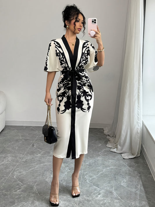 Women's Front Tie Short Sleeve Printed Slim Fit Dress {Elegant Direction}