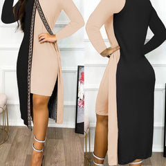[Elegant Bodycon Dress] Elegant Long Sleeve Bodycon Dress | Women's Color Block Sleeves & Side Slit - Long Length Round Neck Spring/Fall Dress, Hand Wash Only, Sophisticated Fashion, Strappy Details