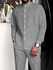 Men's minimalist Business Suit, Featuring a Stand Collar Long-Sleeved Button-Up Shirt and Straight-Cut Pants, with Solid Color and Simple Design, Exuding a Minimalist and Elegant Charm, Suitable for Business Meetings and Casu