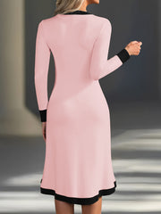 Elegant Women's V-Neck Midi Dress with Contrast Black Trim & Pockets - Long Sleeve A-Line Skirt, Button Detail, Machine Washable Work Commute Dress for Spring Summer Fall, Nontransparent Material, Medium Elasticity Fabric, Of