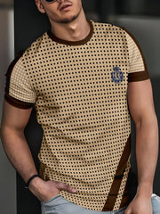 [Trendy T-Shirt] Comfortable Breathable Men's Polka Dot Short Sleeve T-Shirt | Regular Fit All-Season Casual Top with Contrast Brown Accents, Machine Washable, Trendy Urban Style, Durable Casualwear