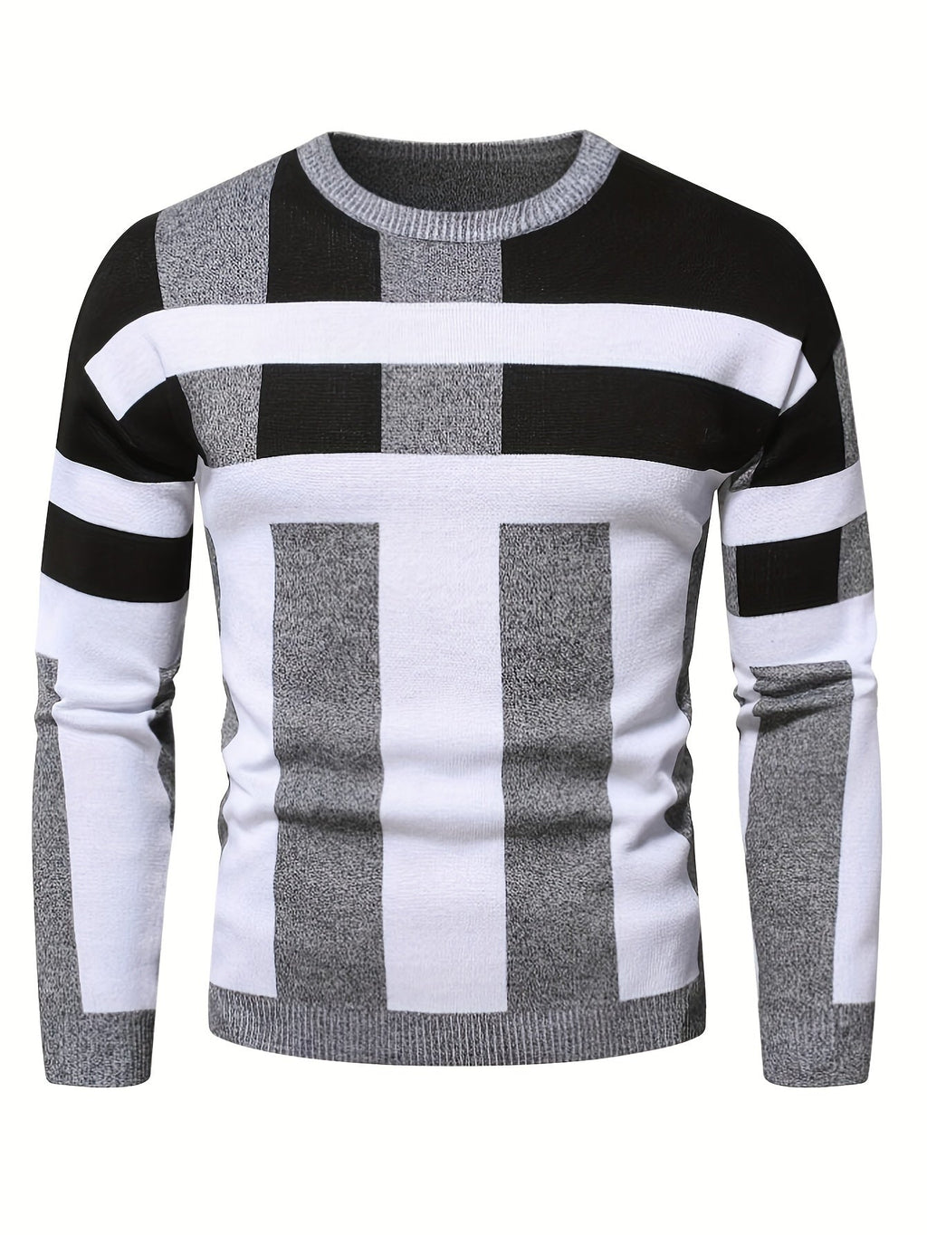 SHOWLU men's color block knit sweater with slim fit design, viscose fabric, crew neck, and vibrant color blocks.