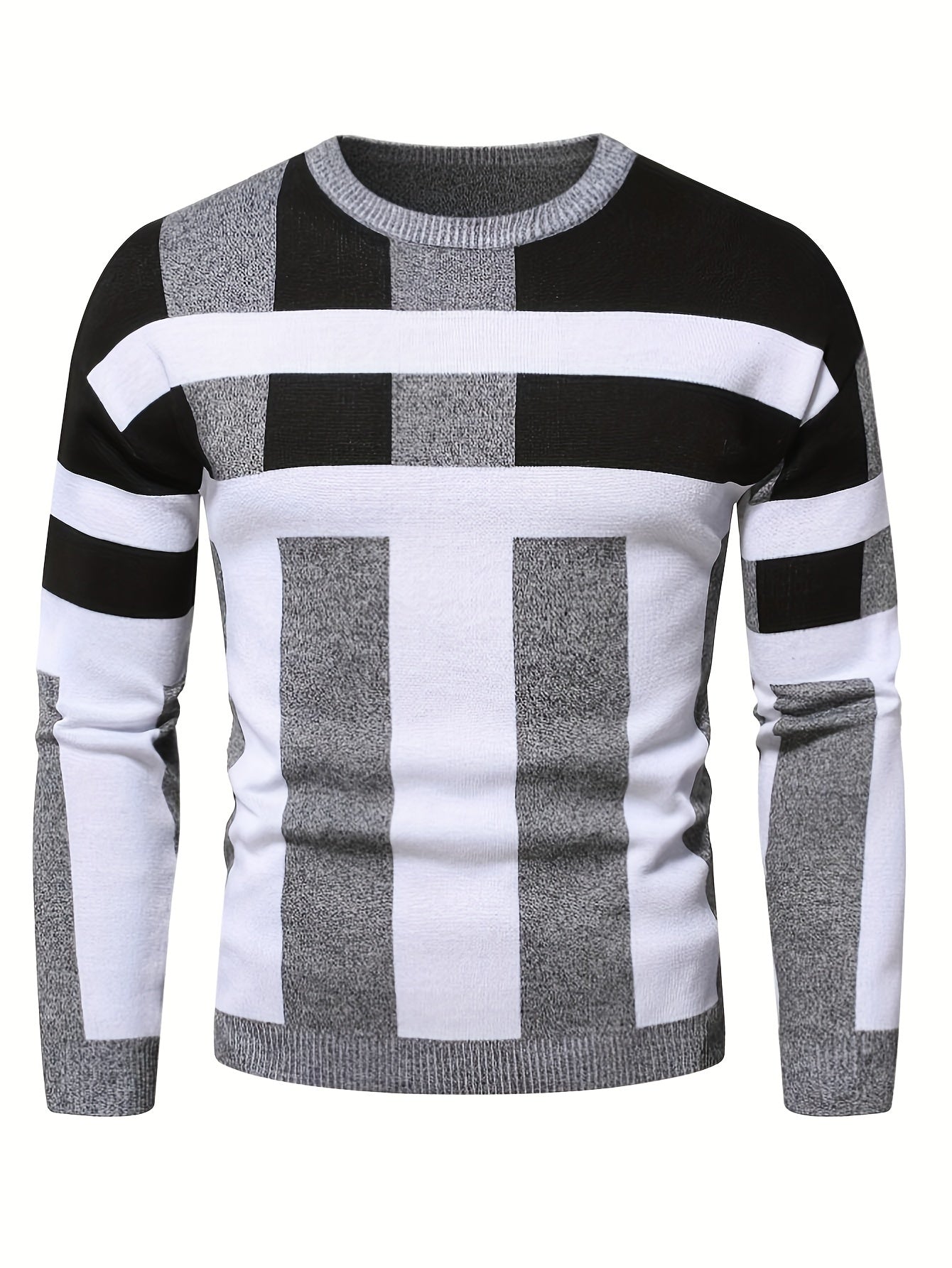 SHOWLU men's color block knit sweater with slim fit design, viscose fabric, crew neck, and vibrant color blocks.