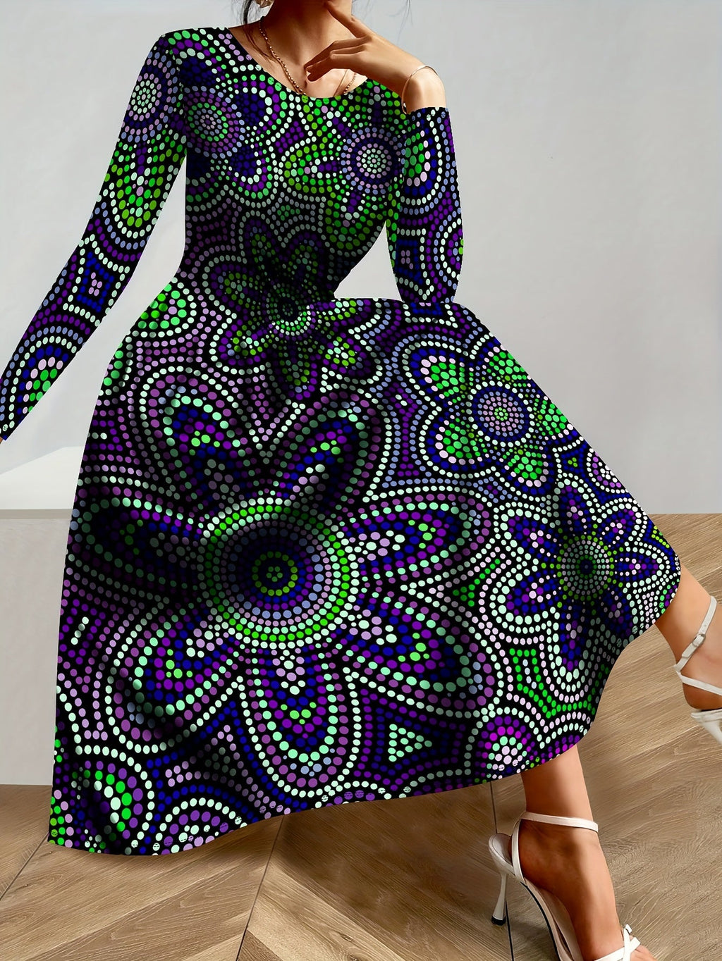 SHOWLU Women's purple and green polka dot long sleeve maxi dress with an A-line silhouette, featuring a flowing design.