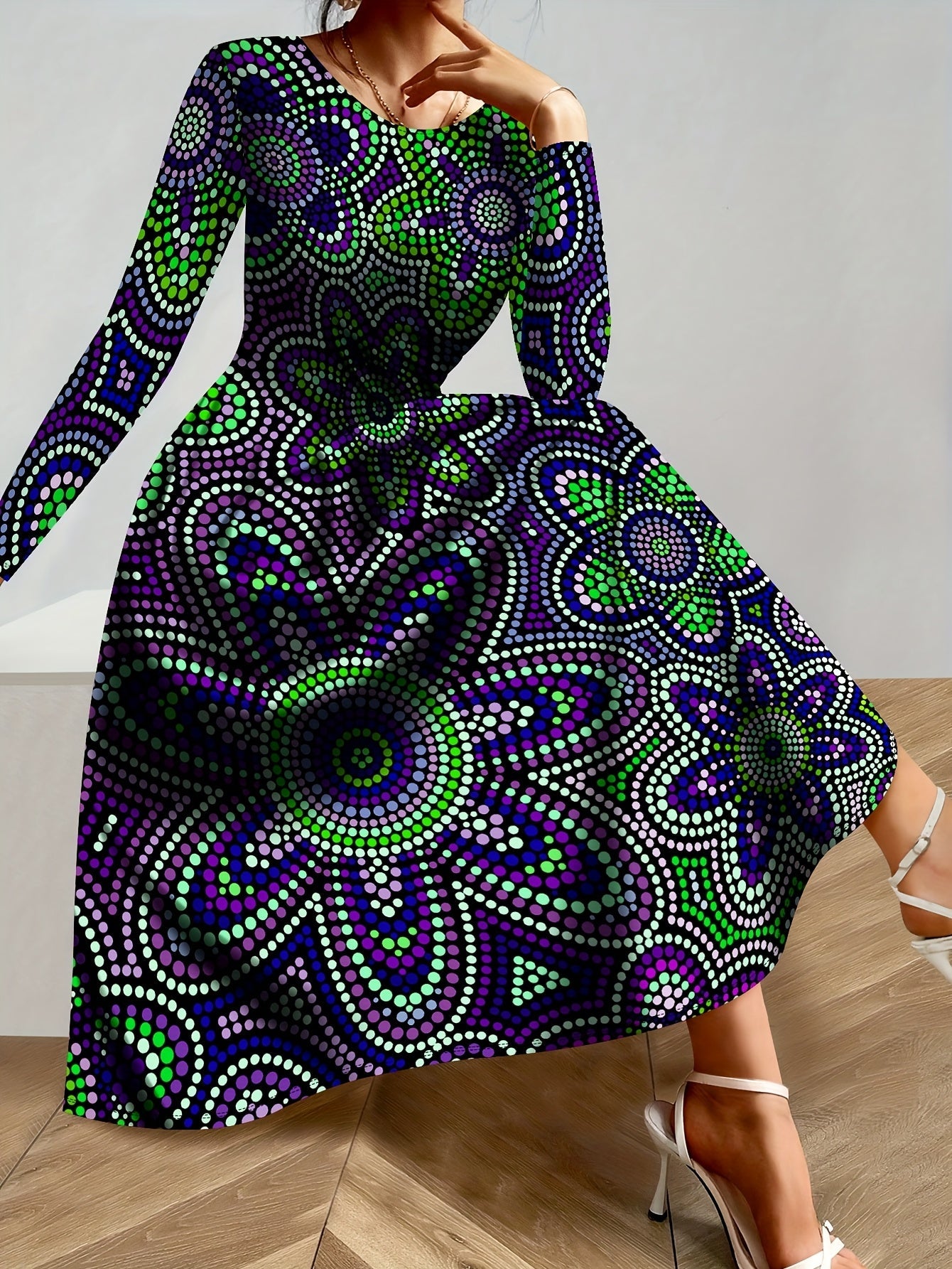 SHOWLU Women's purple and green polka dot long sleeve maxi dress with an A-line silhouette, featuring a flowing design.
